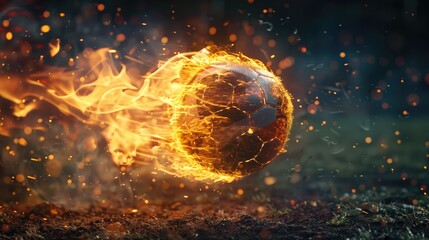 Soccer ball in fire on dark sky background. 3d illustration