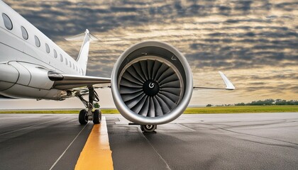 Close-up of turbine engine of a private luxury jet aircraft on the runway. Luxury travel concept.