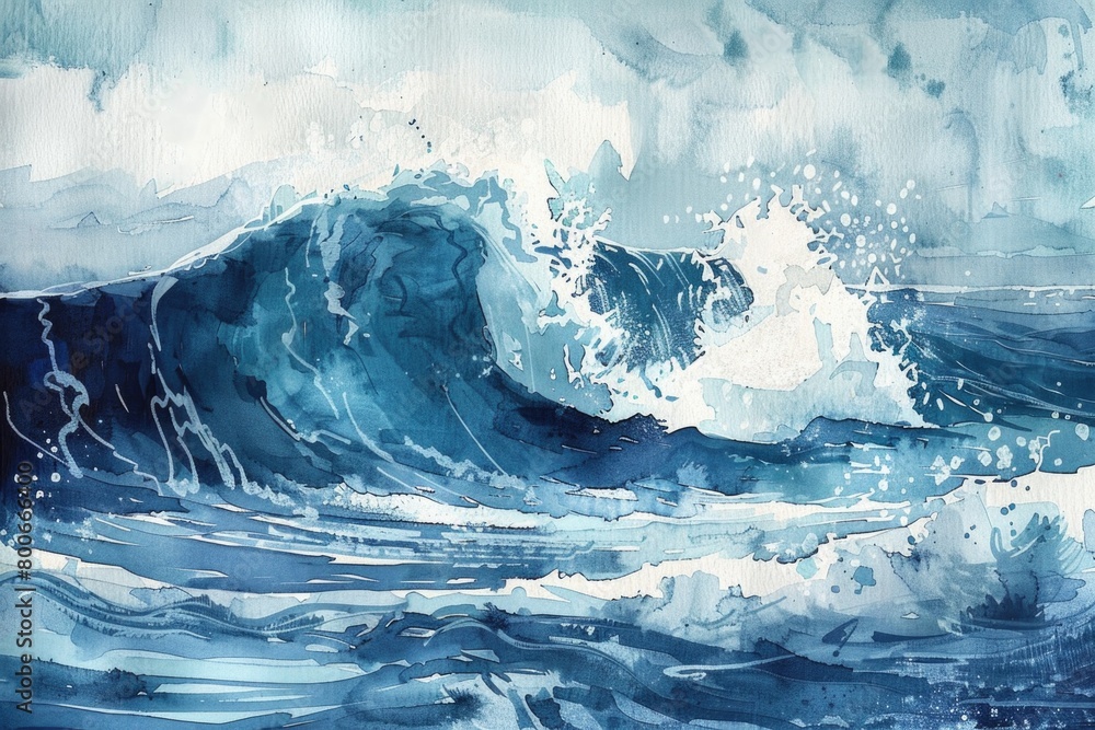 Poster A realistic painting of a powerful ocean wave. Perfect for adding a touch of nature to any space