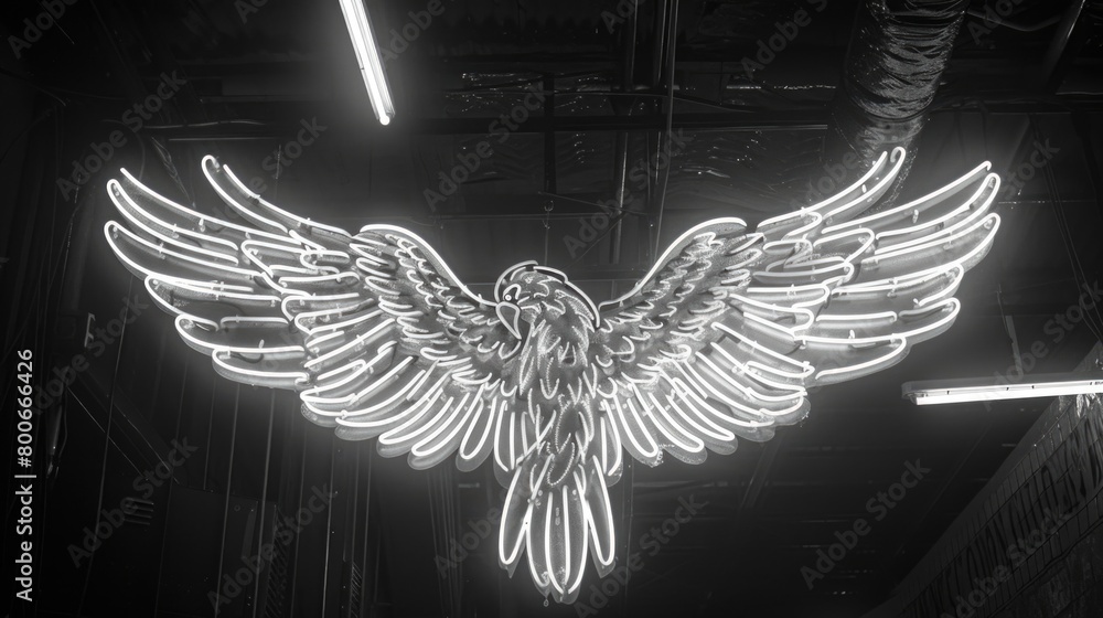 Poster a striking black and white photo of a neon bird, perfect for adding a pop of color to any project