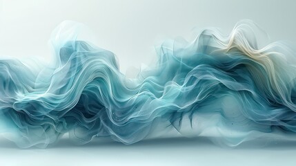 graphic illustration with vibrant, fluid lines in shades of silver, jade and blue with white background