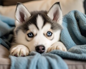 Adorable Husky Puppy Peeking Out from Blanket