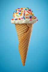 Single ice cream cone with vanilla icecream and a waffle cone covered in colorful sprinkles on blue background.