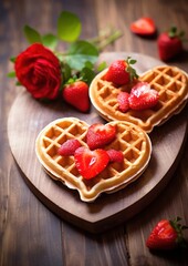Heart-shaped waffles with fresh strawberries