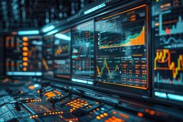 Fototapeta premium A futuristic computer terminal with screens displaying cryptocurrency analytics and trading volumes --ar 3:2 --stylize 300 Job ID: 0e713811-21ae-4aa8-9a58-79e6b097b055