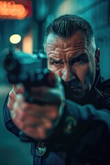 A police officer aiming a gun at the camera. Suitable for crime and law enforcement concepts