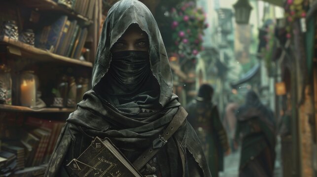 In a bustling marketplace a hooded scribe hawks their services as a codebreaker boasting about their ability to unravel the elusive . .