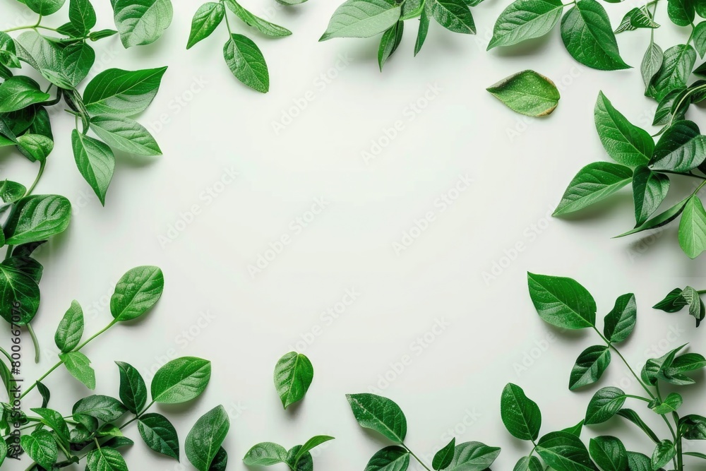 Poster green leaves forming a frame on a white background. ideal for nature and environmental concepts