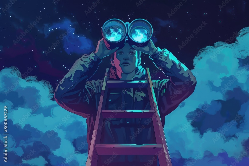 Poster a man standing on a ladder looking through binoculars. ideal for business and surveillance concepts
