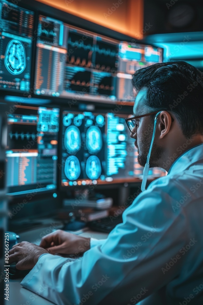 Poster A man sitting in front of a computer monitor. Suitable for technology concepts