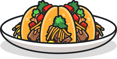 Illustration of a set of tacos with meat and vegetables on a white background