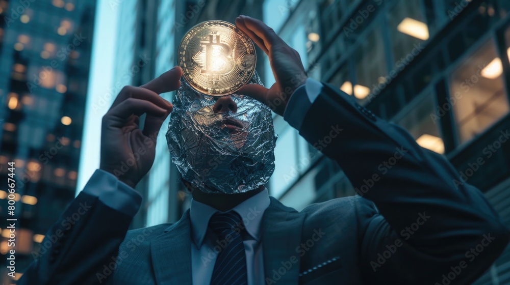 Poster a man in a suit holding a bitcoin above his head. suitable for finance and technology concepts