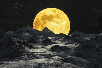 A stunning image of a full moon rising over a snow-covered mountain range. Perfect for winter themes