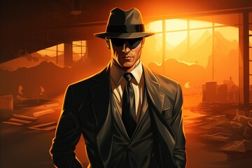 Mysterious figure in a dark suit and hat standing in a dramatic, fiery cityscape