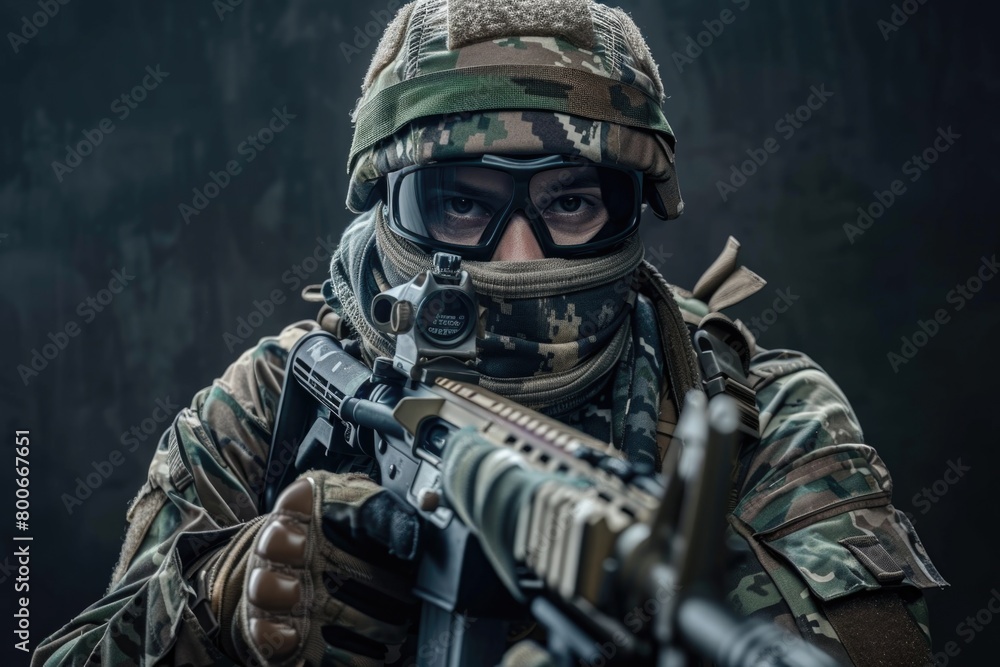 Poster a man in camouflage holding a machine gun. suitable for military and security concepts
