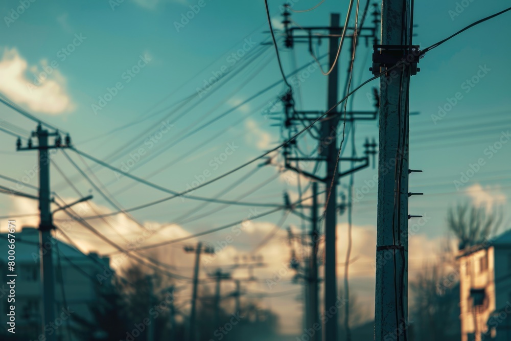 Poster a typical urban street scene with power lines and telephone poles. suitable for urban infrastructure