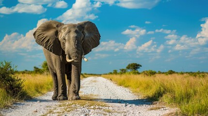Big African Elephant on the gravel road with blue sky - obrazy, fototapety, plakaty
