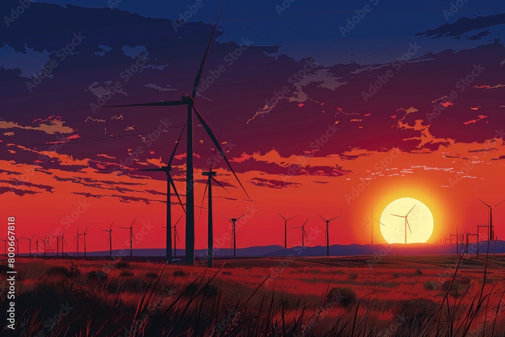 Poster a beautiful sunset with wind turbines in the foreground. ideal for energy and environmental concepts