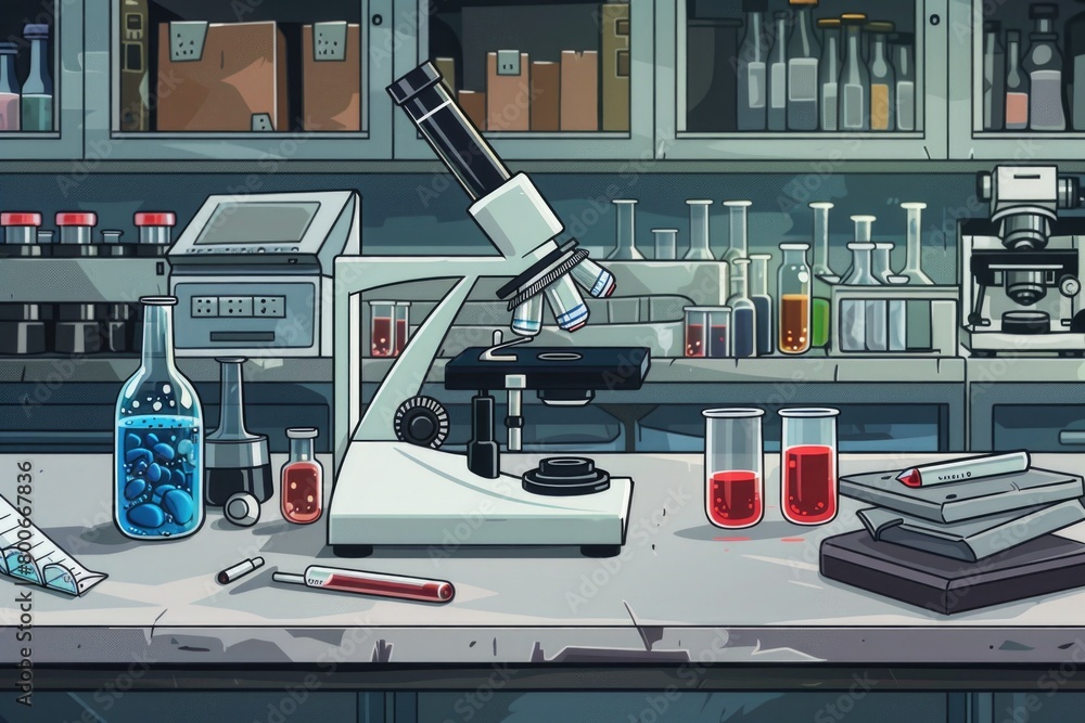 Poster a laboratory setting with a microscope and various supplies. ideal for scientific and research conce