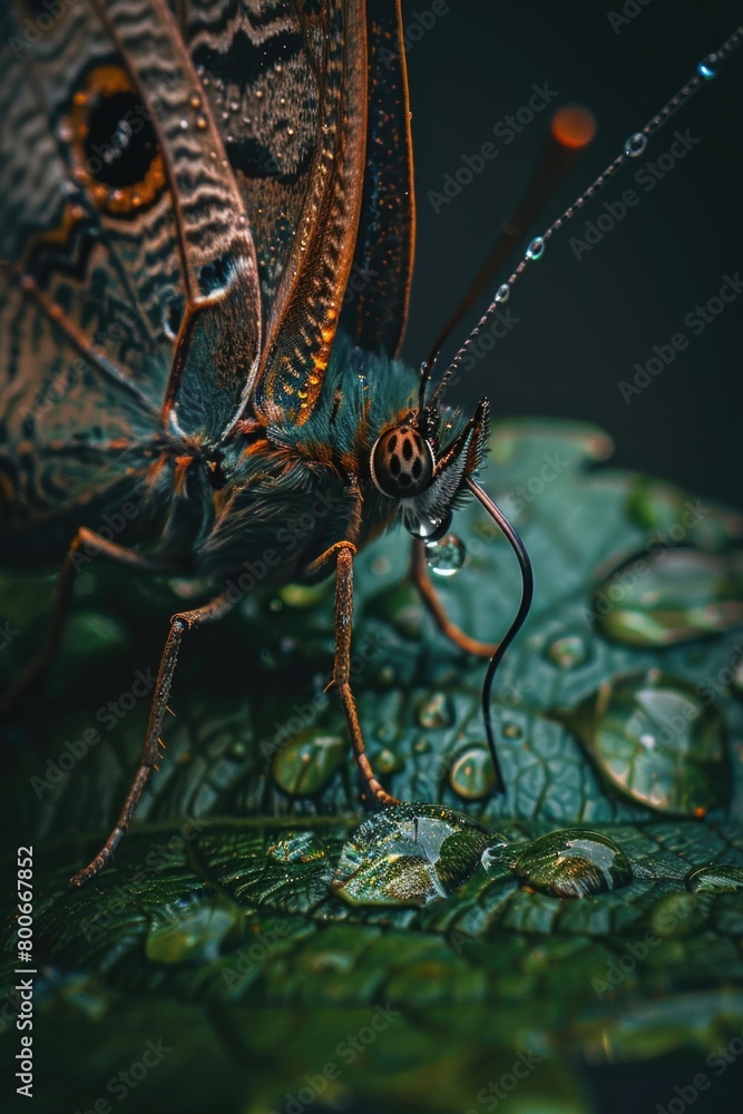 Poster close up of a butterfly resting on a green leaf. suitable for nature and wildlife concepts