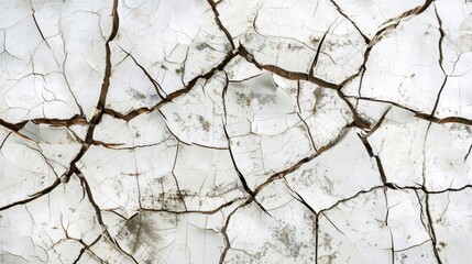 An abstract close-up of cracked white paint over a surface, resembling dried-out land and depicting decay and antiquity