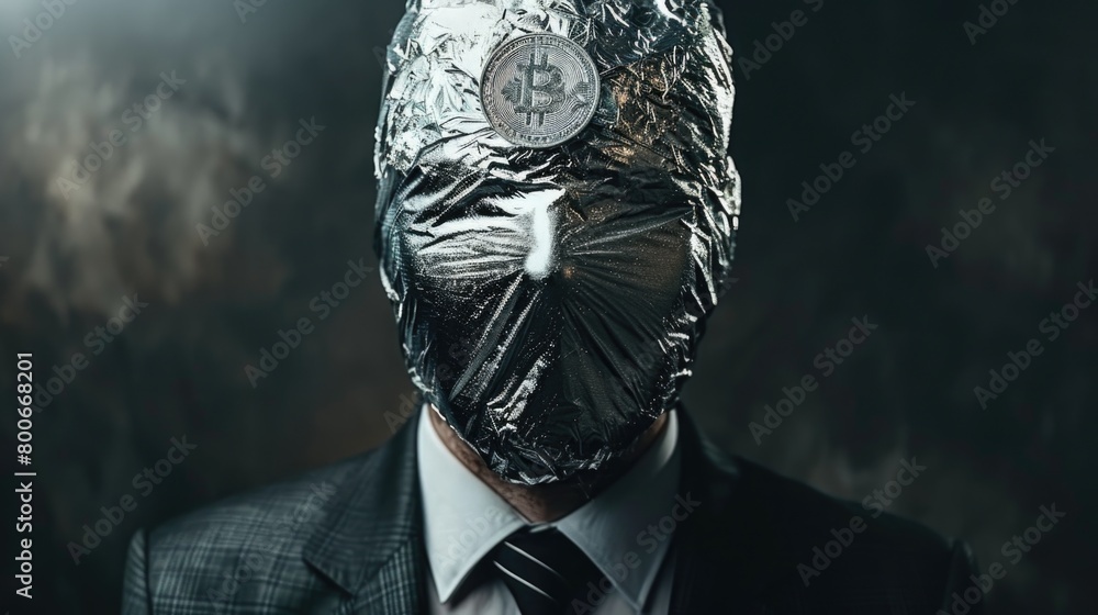 Poster a man in a suit and tie wearing a mask. suitable for business and safety concepts