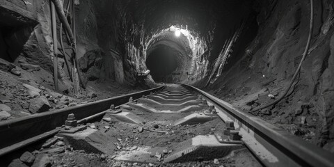 A black and white photo of a train traveling through a tunnel. Suitable for transportation and...