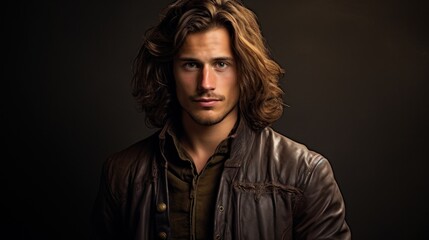 Handsome man with long hair in leather jacket