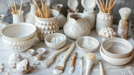 An artist's workspace with unfinished pottery pieces, tools for sculpting and brushes for glazing laid out - Powered by Adobe