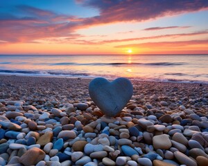 Fototapeta premium Romantic sunset on the beach with heart-shaped stone