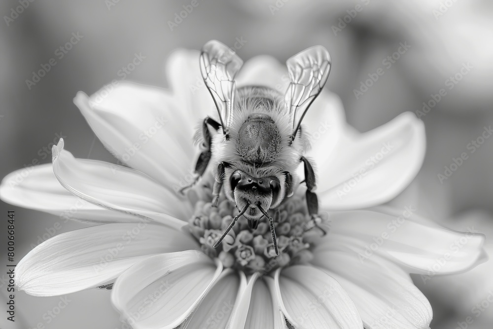 Poster a black and white macro shot capturing a bee pollinating the intricate details of a white blossom hi