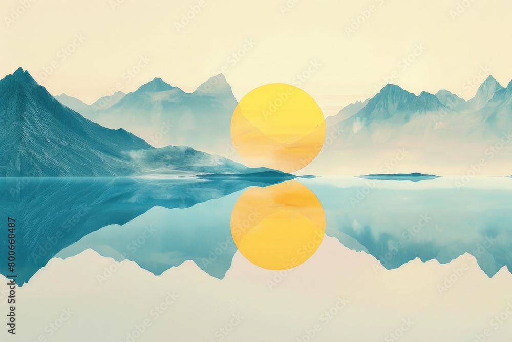 Poster Scenic view of sun setting behind mountains with reflection in water. Suitable for nature and landscape concepts