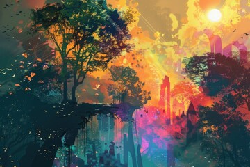Digital painting of a city with trees, suitable for urban and nature themes