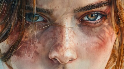 Close-up portrait of a woman with freckles. Perfect for beauty and skincare concepts