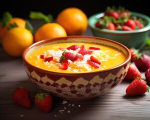 Delicious fruit smoothie bowl with fresh strawberries and oranges