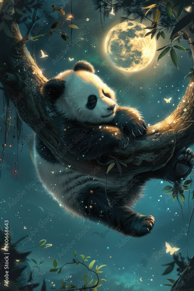 Poster a panda bear sitting in a tree with a full moon in the background. suitable for nature and wildlife 
