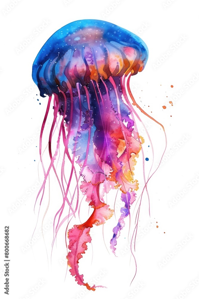 Sticker Vibrant watercolor painting of a jellyfish, perfect for marine-themed designs