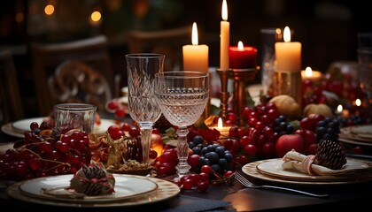 Festive table setting for Christmas or New Year dinner in the restaurant.