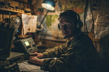 A military figure operates a radio in a vintage-styled room, possibly communicating strategic information