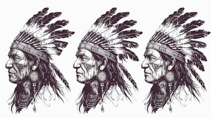 Obraz premium Illustration of three indigenous men in traditional attire. Suitable for cultural and historical themes