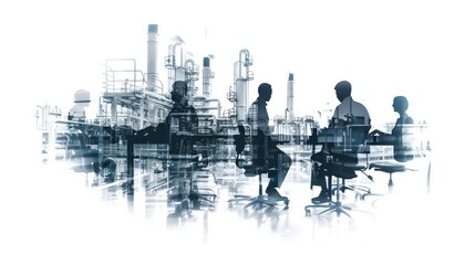 people in manufacturing industry in double exposure on solid white background 