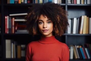 Confident woman with curly hair in a red sweater