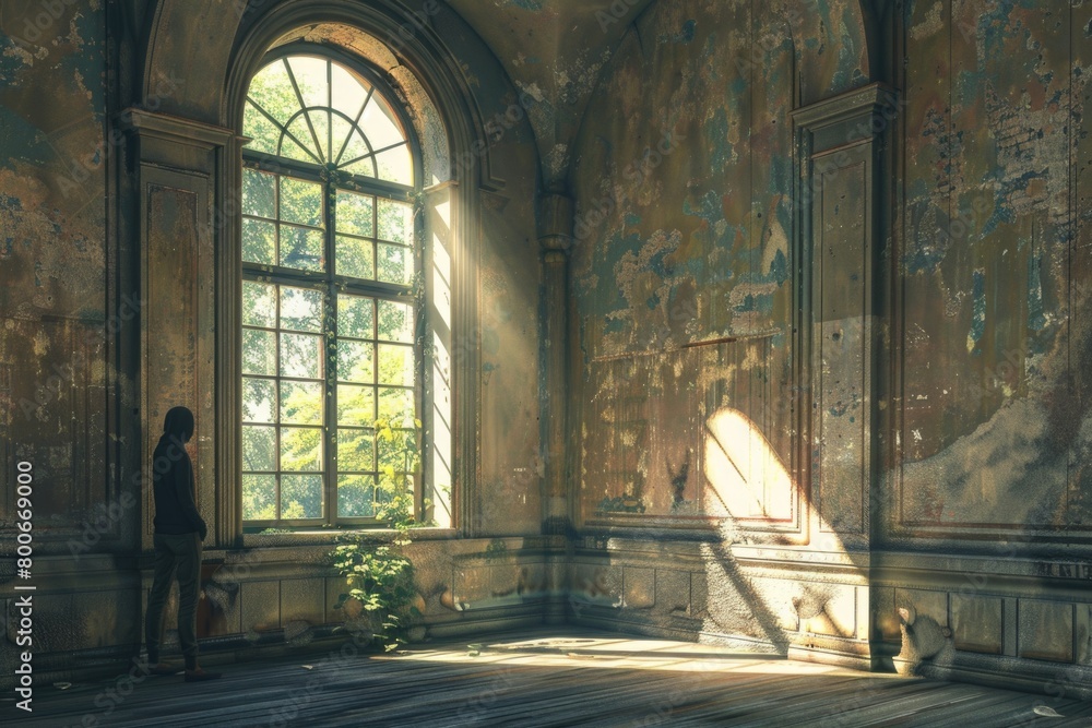 Poster person standing in a room with a large window. suitable for interior design concepts