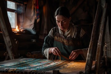 A skilled artisan carefully weaves colorful fabric on a wooden loom in a dimly lit, rustic cabin setting, evoking a sense of traditional craft