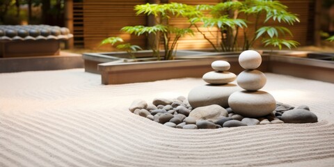 Zen garden with stacked stones and greenery