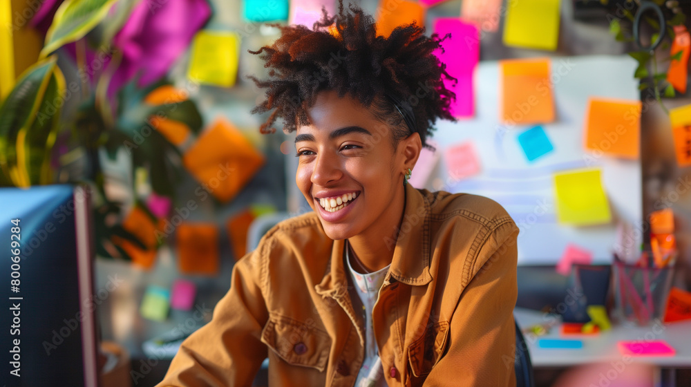 Wall mural Smiling young man at her workplace, working hard in the office at her desk. Pleasant working atmosphere