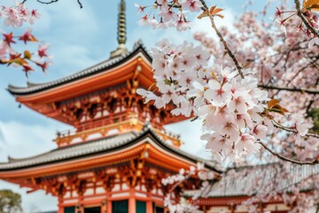 Vibrant cherry blossoms bloom with a traditional Japanese pagoda building blurred in the background under a clear sky