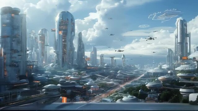 Sci-Fi Urban Skyline with Hovering Cars and Modern Towers