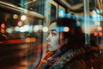 A young woman gazes out a city bus window, with blurred lights and reflections giving a sense of motion