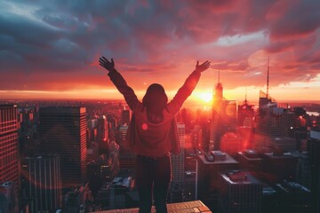 A person stands with arms raised against a vibrant sunset backdrop, overlooking a city's high-rise...